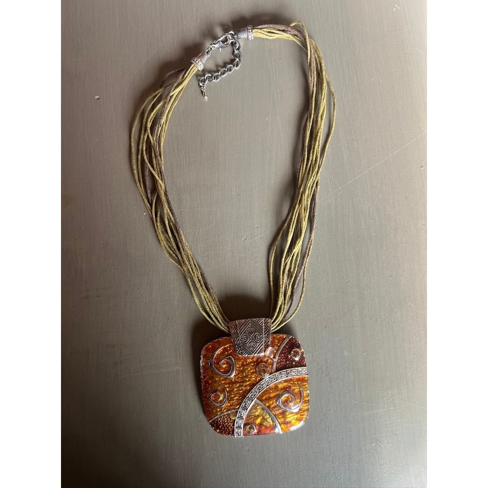 Enamel Pendant Necklace Amber Silver Multi-Strand Green Cord Boho Orange Autumn